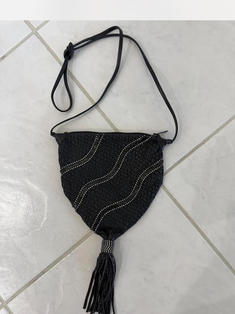 Vintage Black Leather Tassel Crossbody Bag